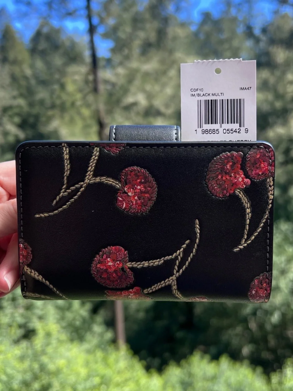 COACH Medium Black Leather Wallet w Red Sequin Cherry Print & Gold Hardware NWT